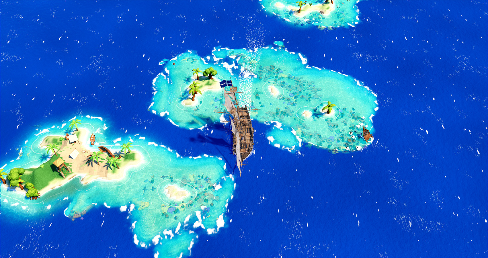 Vue du jeu en grand : un navire à voiles passe entre des îlots de sable et de corail, dans une eau turquoise.